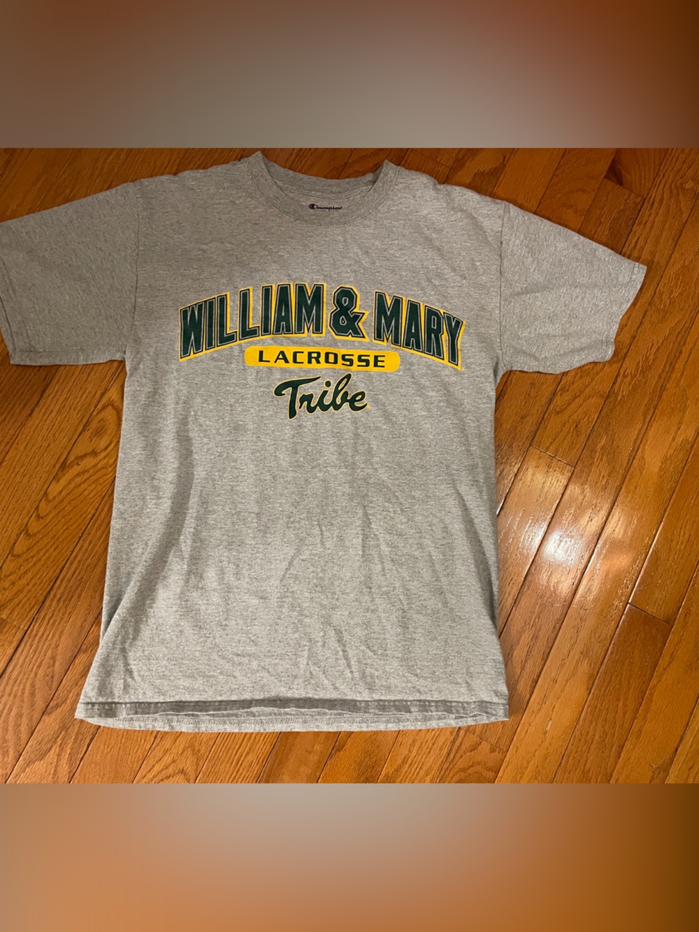 Champion Gray William & Mary Lacrosse Tee with Green and Gold Lettering